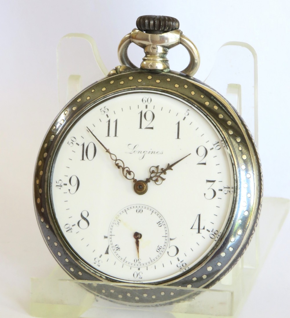 Antique Longines silver niello pocket watch