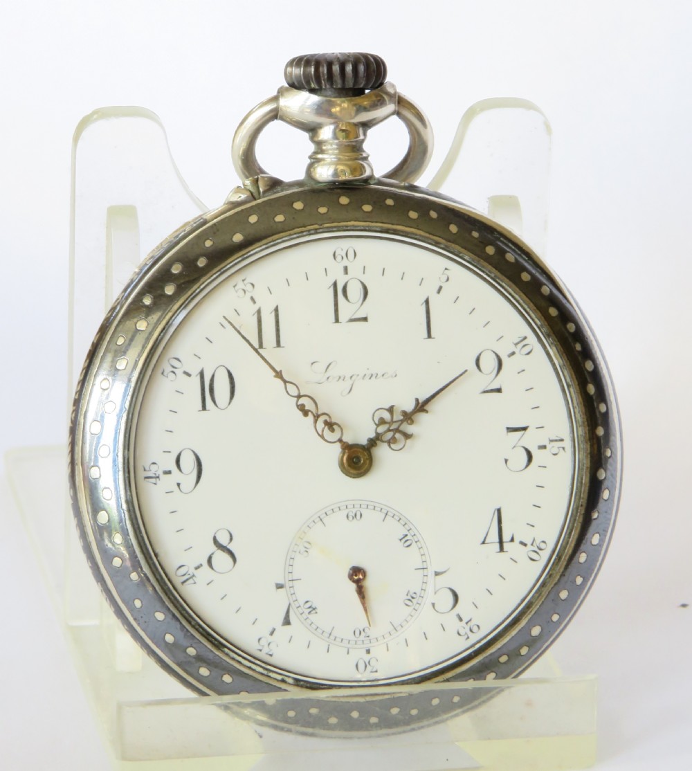 Antique Longines silver niello pocket watch View II