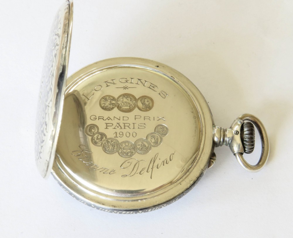 Antique Longines silver niello pocket watch View V