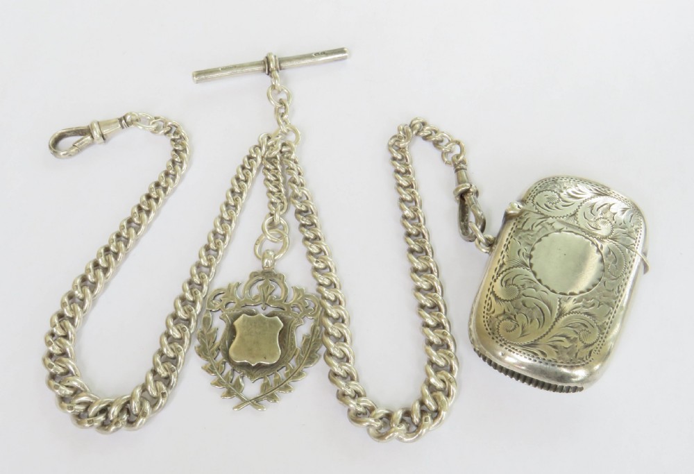Antique silver double watch chain and vesta