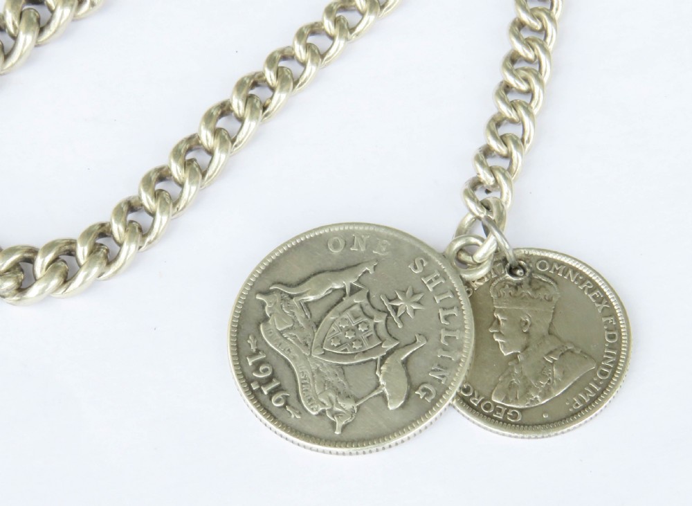 Antique silver watch chain and fobs View II
