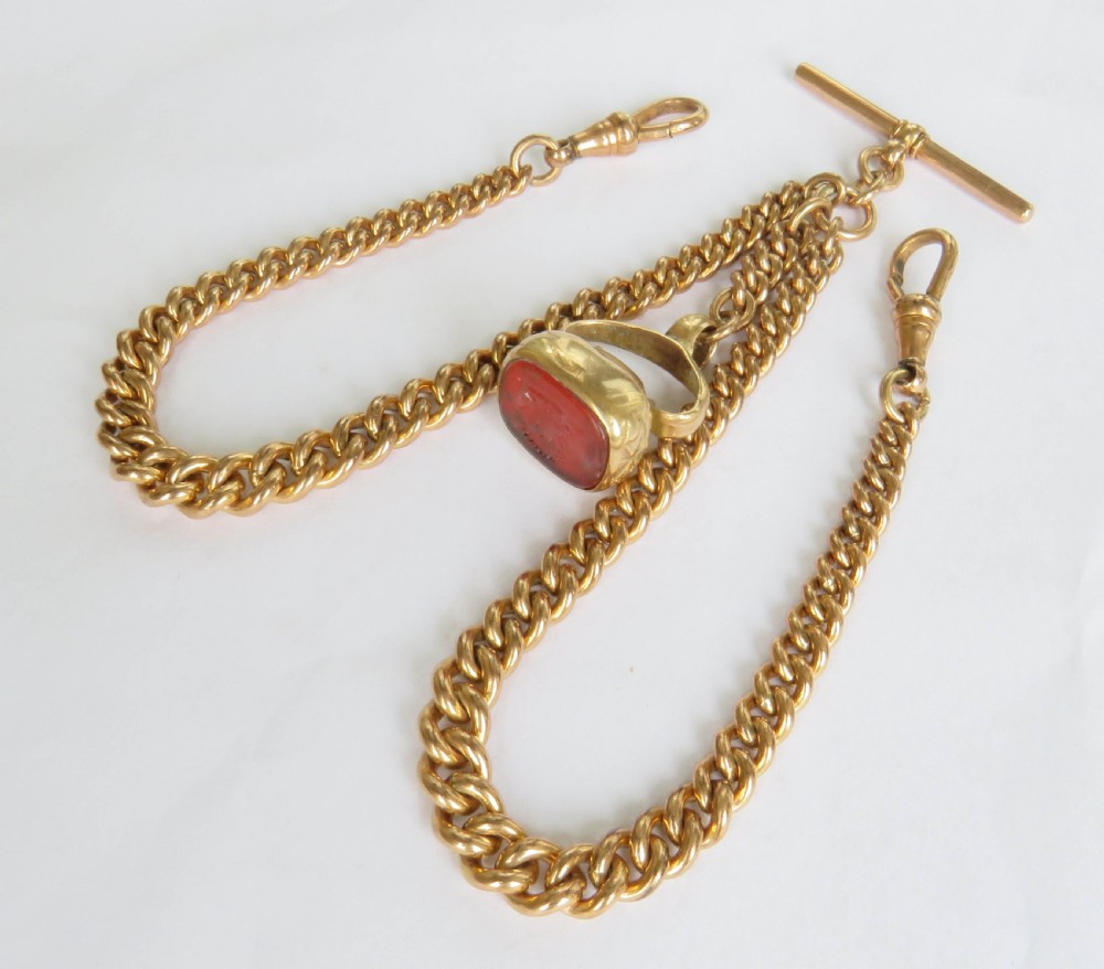 Antique 18ct rolled gold double watch chain & fob