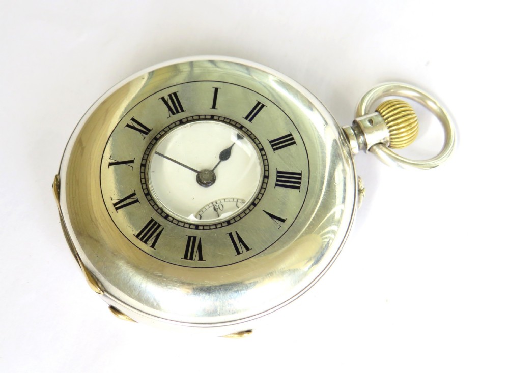 Antique silver half hunter pocket watch, military link