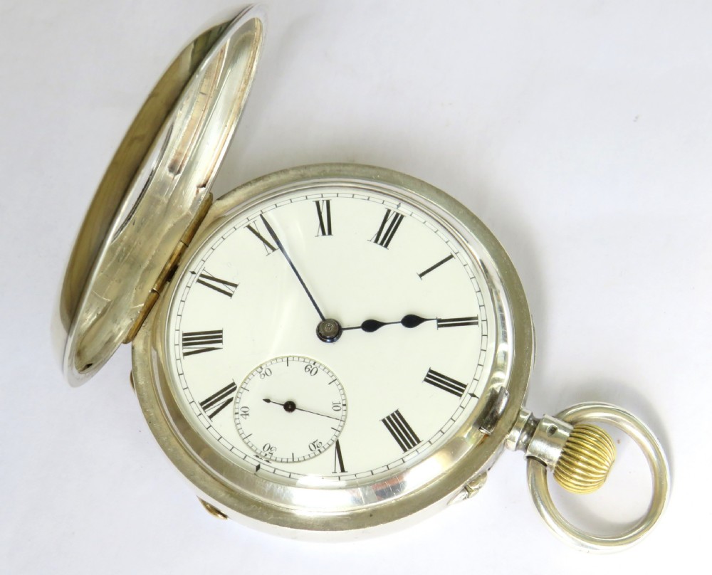 Antique silver half hunter pocket watch, military link View II