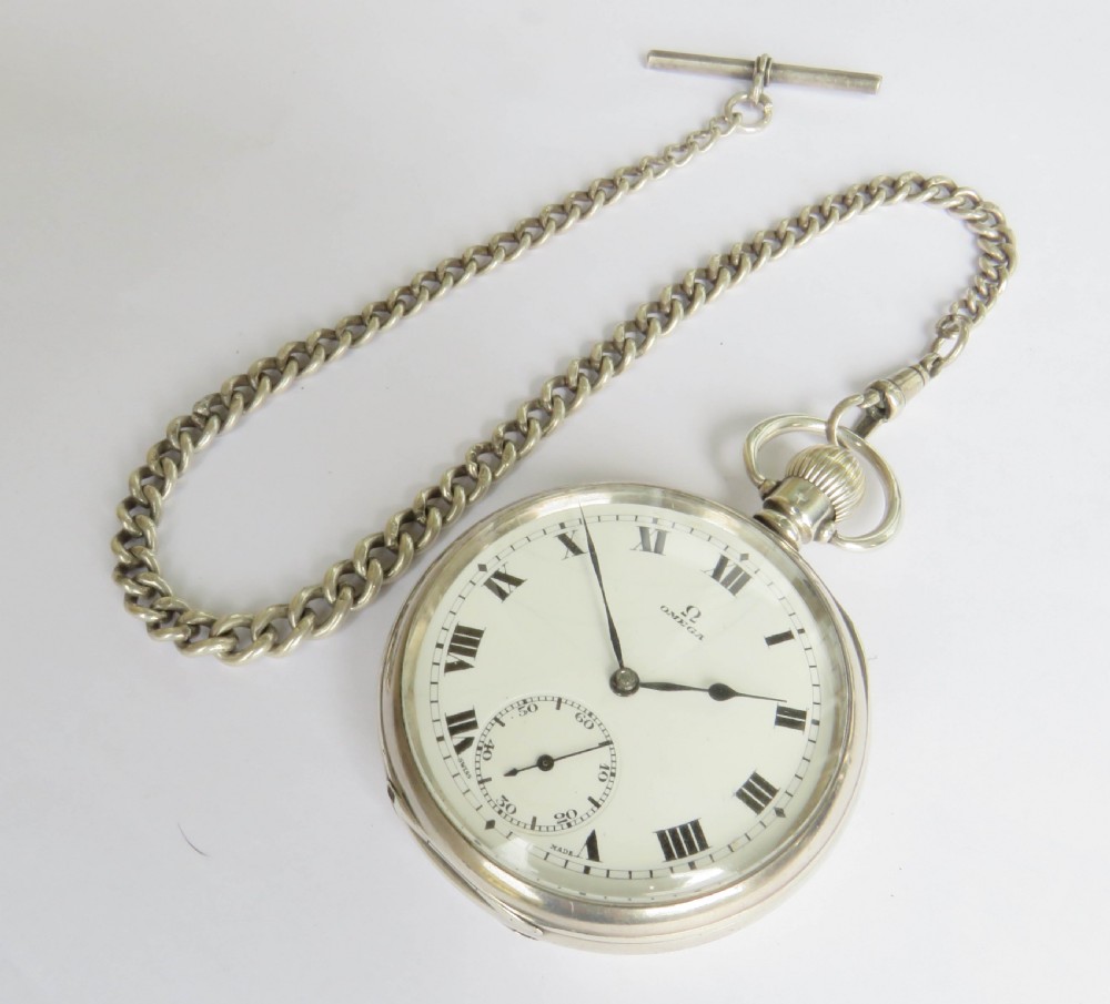 1920s silver Omega pocket watch and chain View II