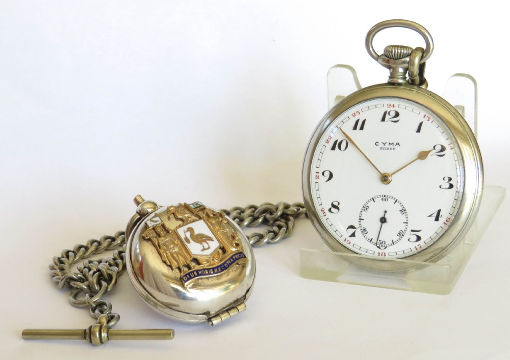 Antique Cyma pocket watch, chain and Liverpool sovereign holder