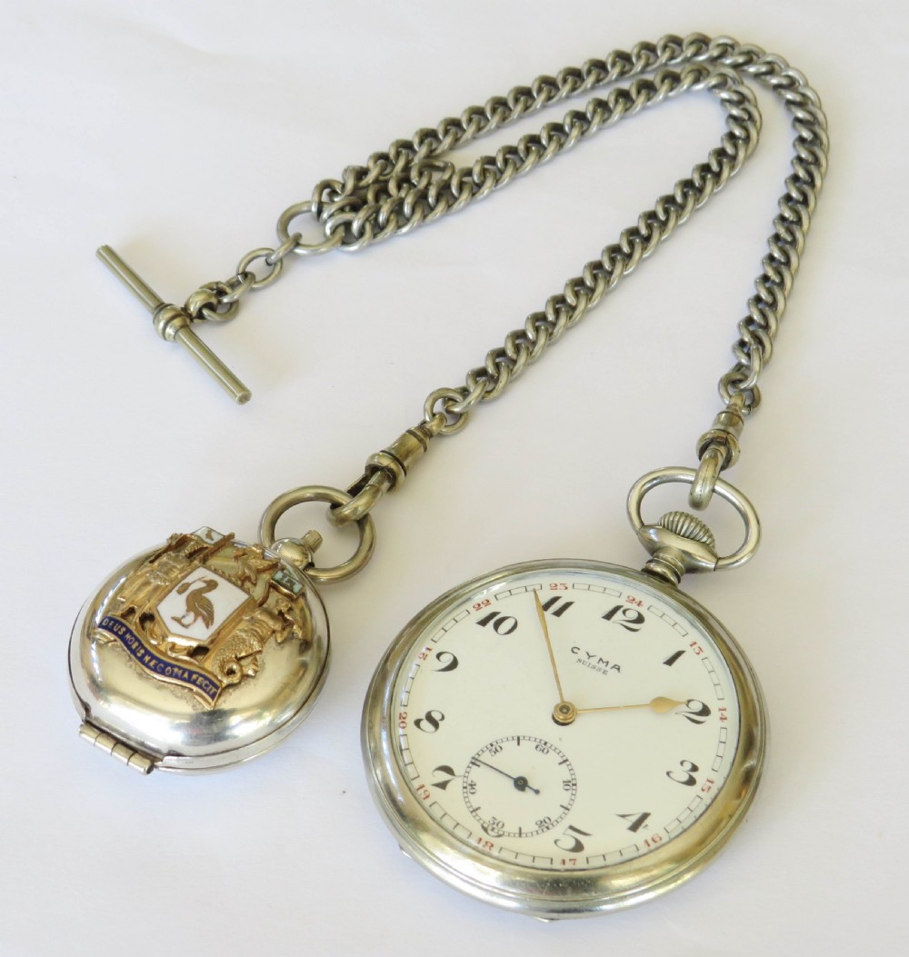 Antique Cyma pocket watch, chain and Liverpool sovereign holder View II