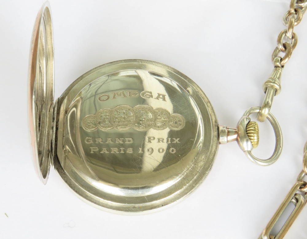 Antique silver Omega pocket watch and chain View III