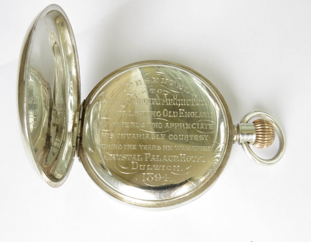 Antique silver hunter pocket watch, Crystal Palace Hotel View IV