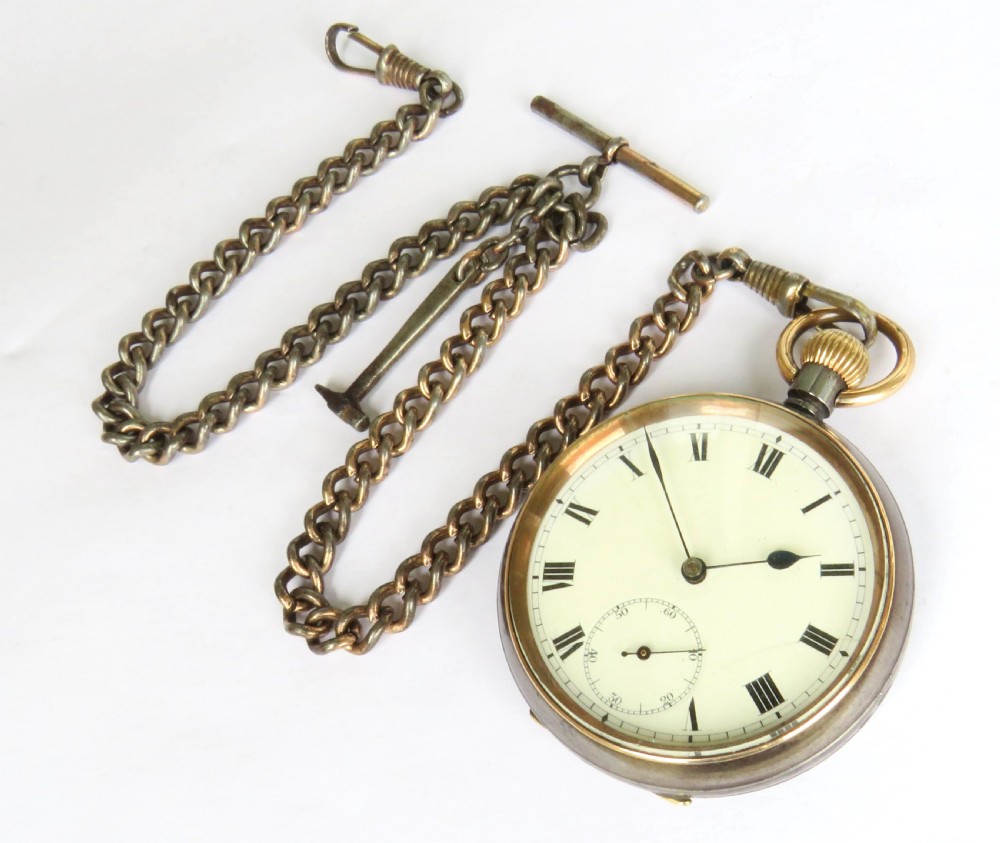 Antique Omega gun metal pocket watch and chain View II