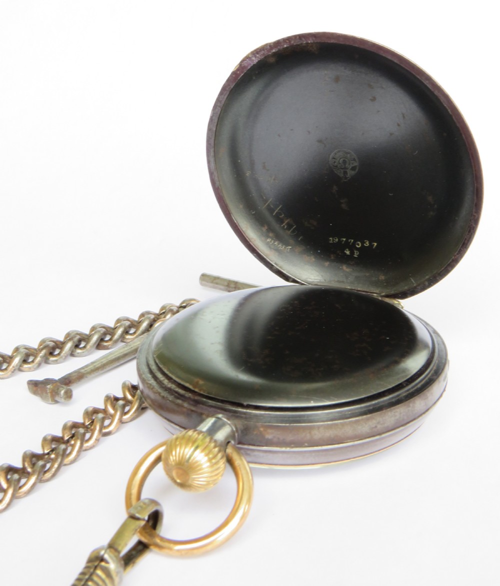 Antique Omega gun metal pocket watch and chain View III
