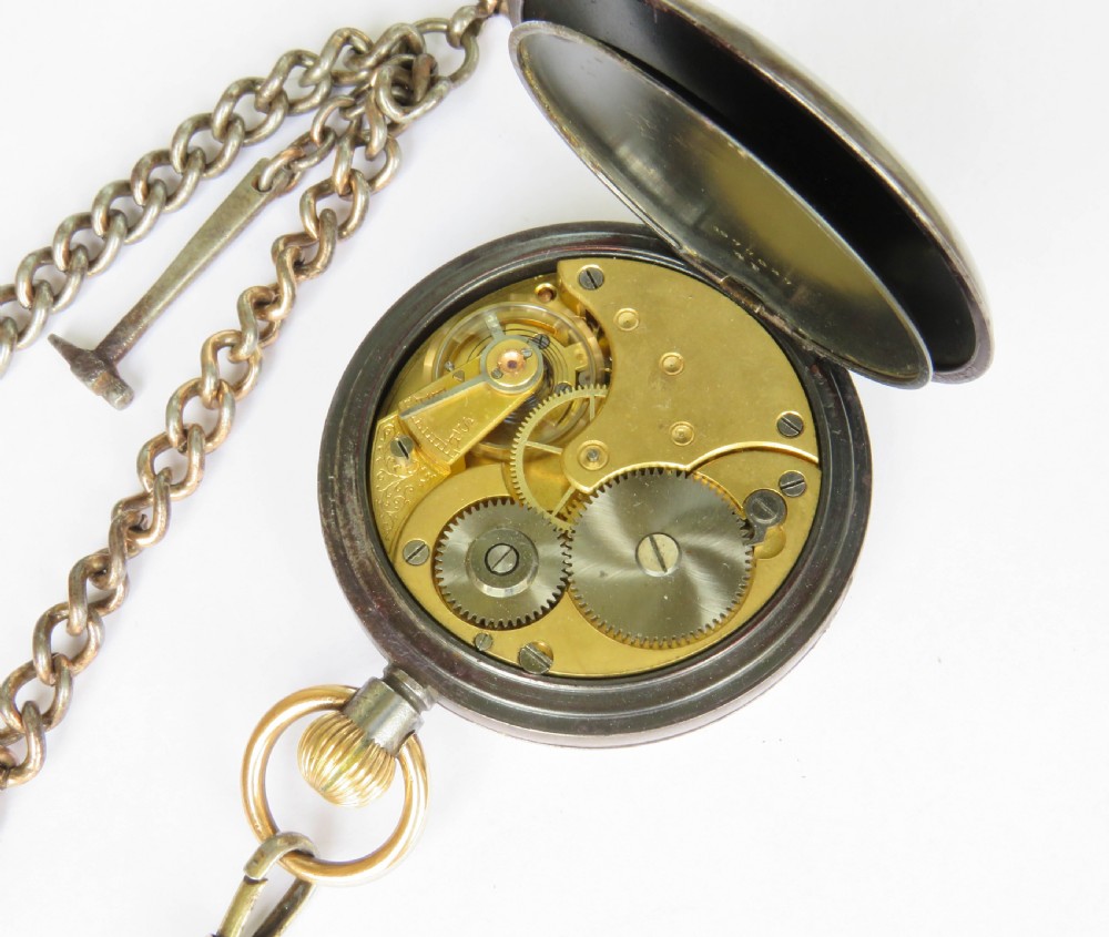 Antique Omega gun metal pocket watch and chain View IV