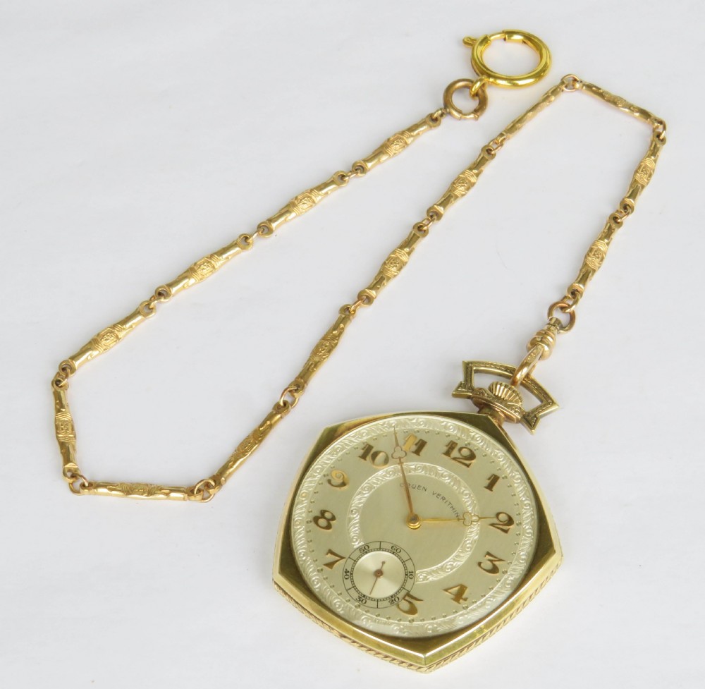 1930s Gruen Pentagon Verithin pocket watch and chain View II