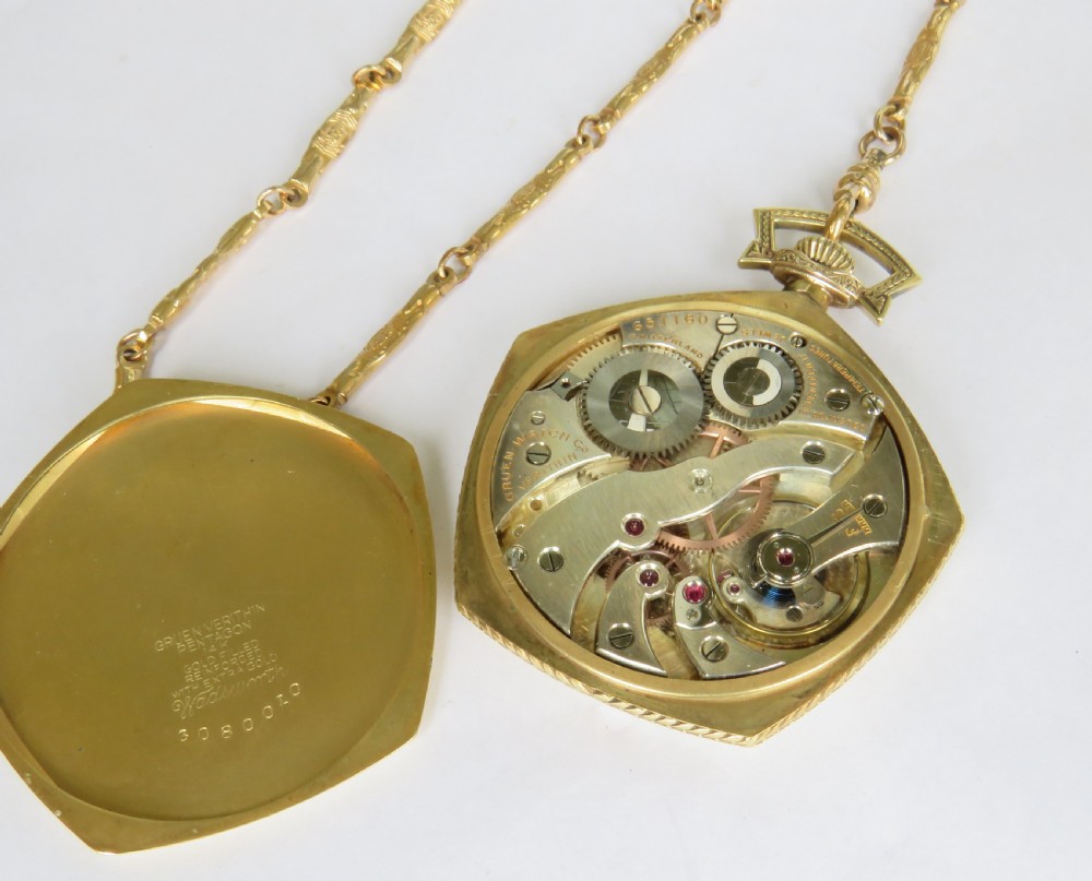 1930s Gruen Pentagon Verithin pocket watch and chain View III