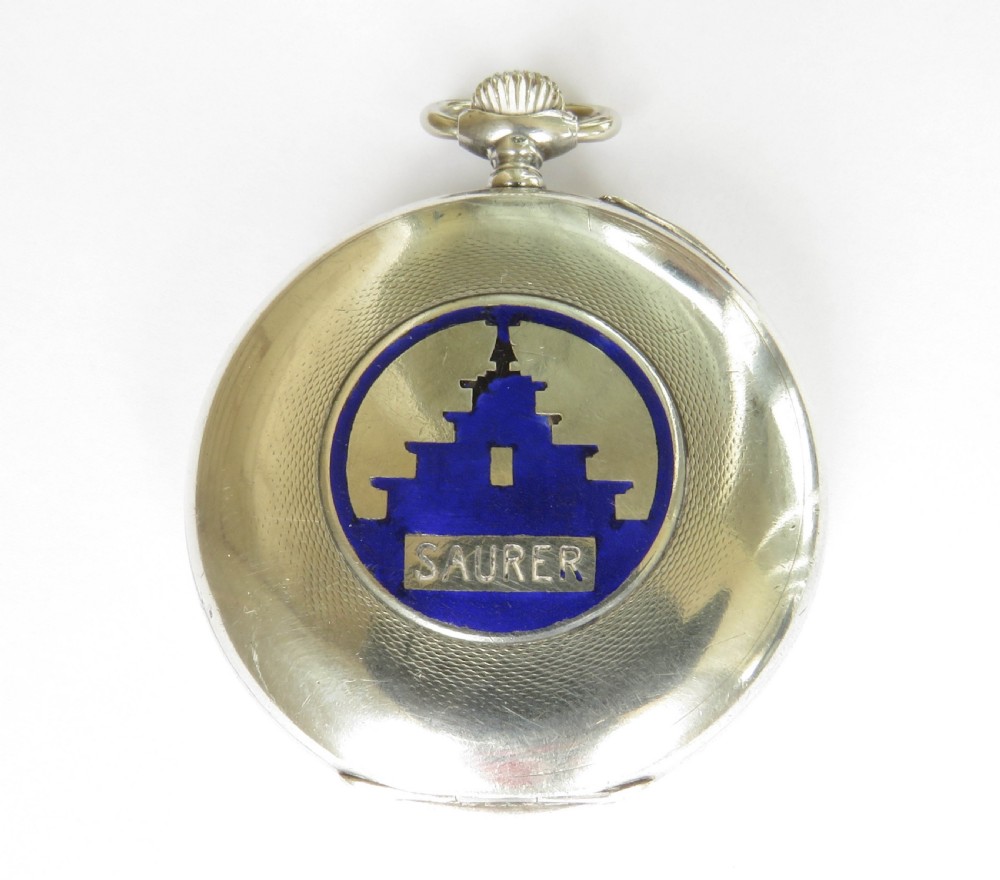 Antique silver Longines pocket watch, Saurer logo View V