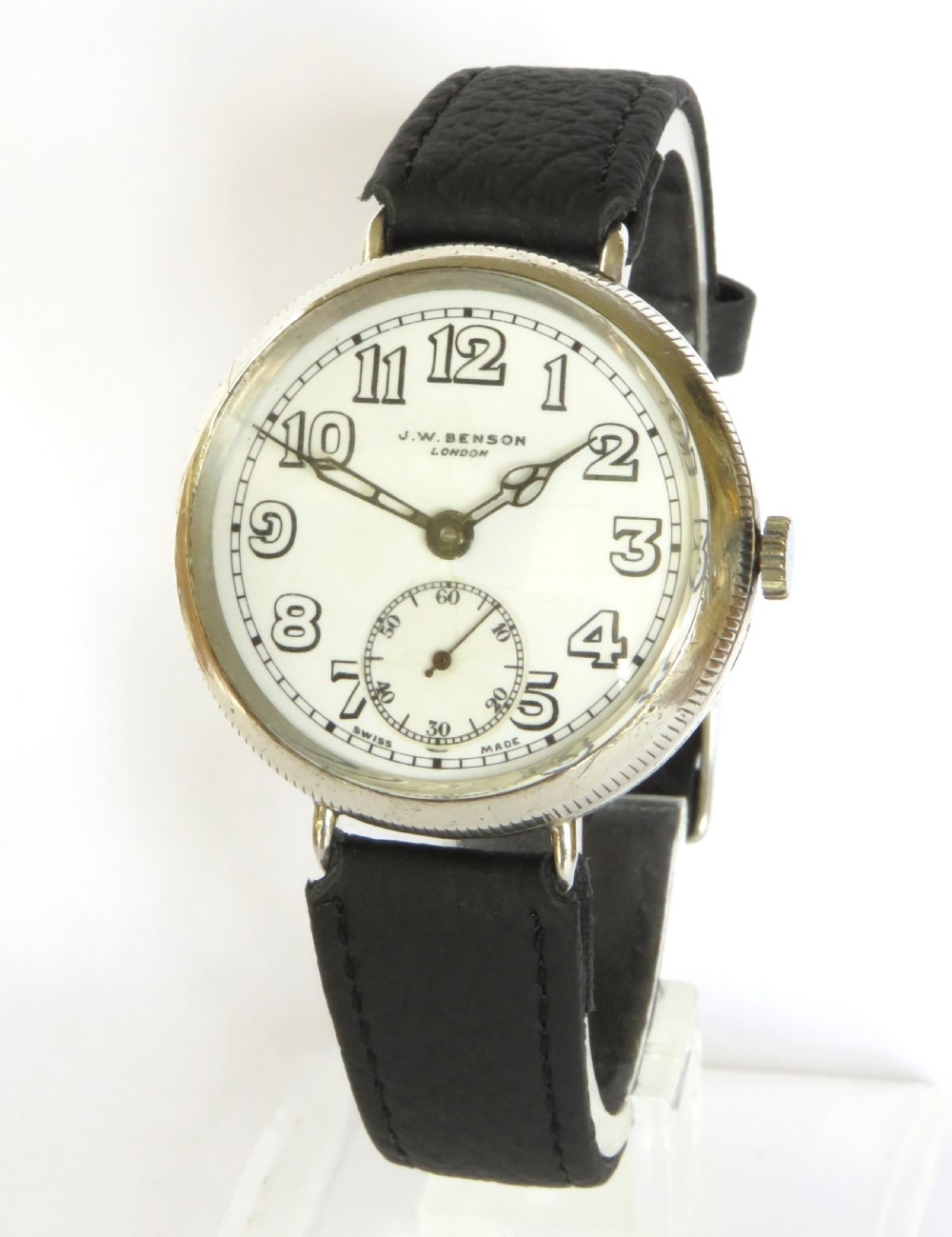 Gents silver wrist watch, J W Benson, 1936