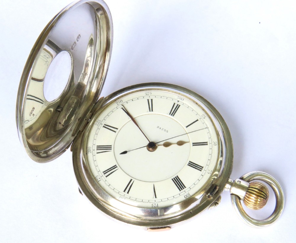 Antique English silver chrono hunter pocket watch  View III
