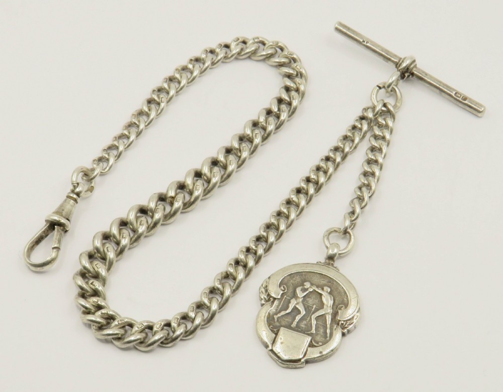 Antique silver watch chain and boxing fob, c1930