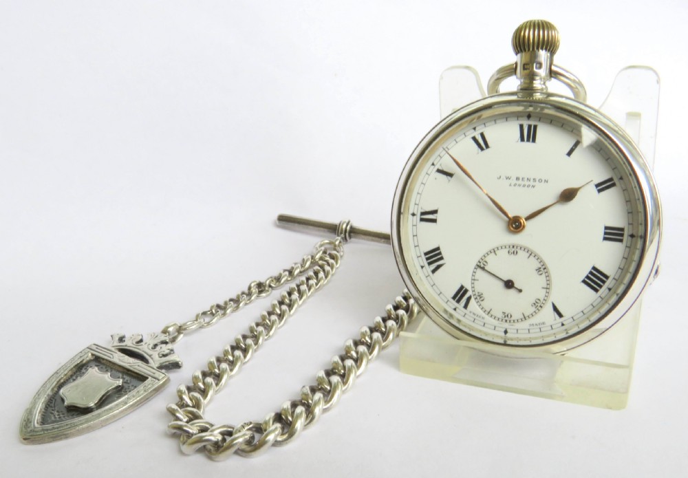 Antique J W Benson silver pocket watch and chain
