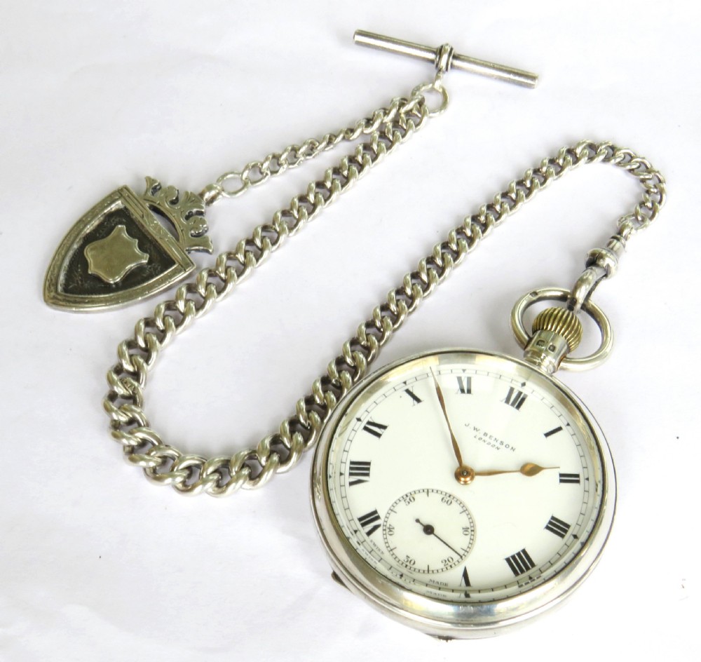 Antique J W Benson silver pocket watch and chain View II