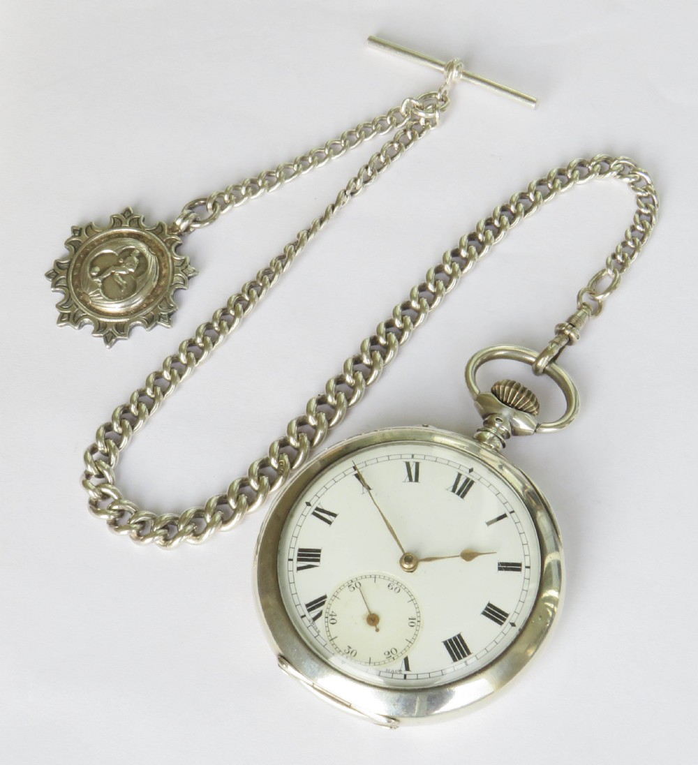 Antique silver Columbus pocket watch and chain View II