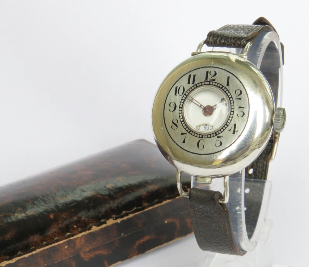 Antique silver half hunter wrist watch, 1916