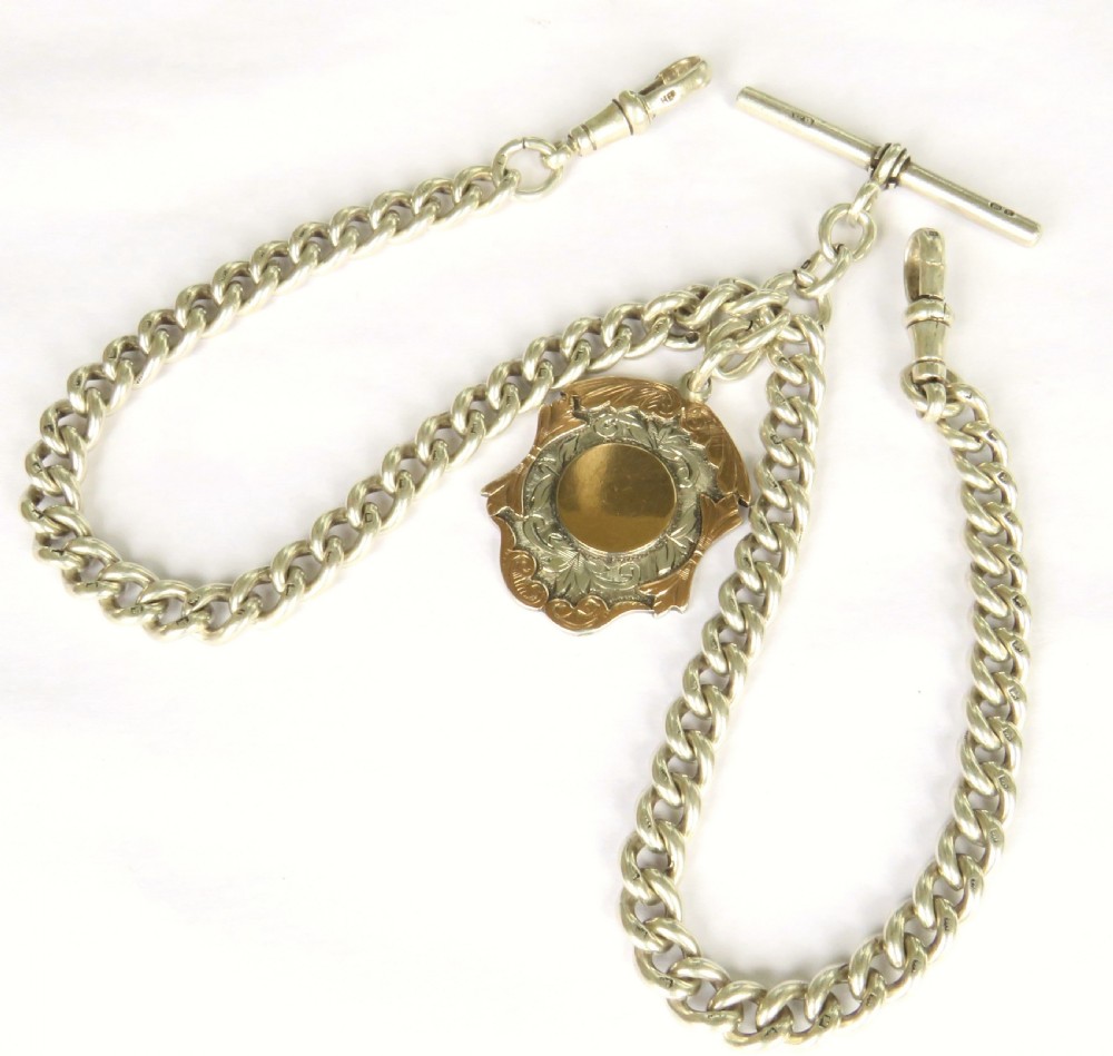 Antique silver watch chain and fob, 1918