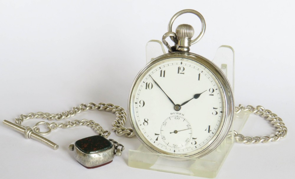 Antique silver Buren pocket watch and chain