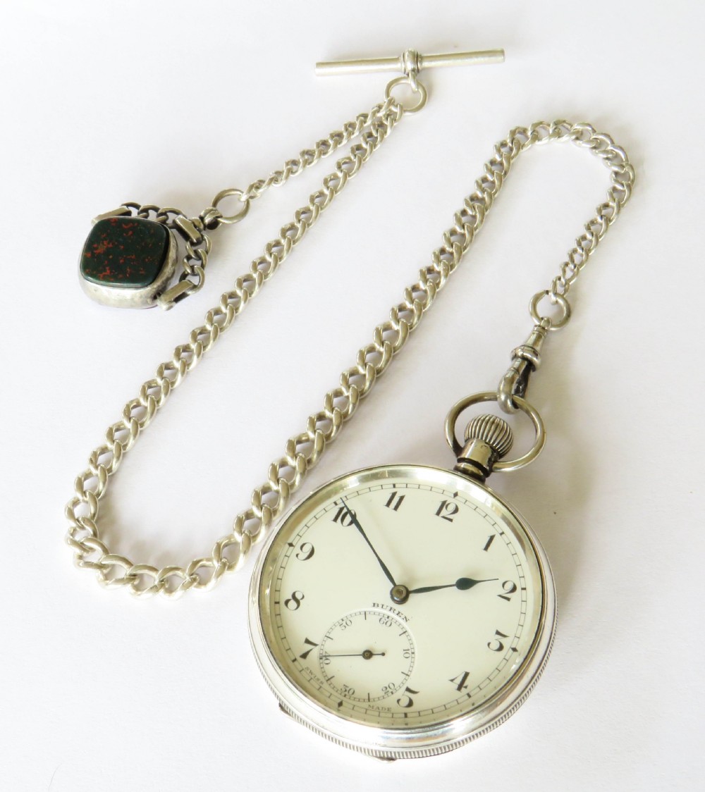 Antique silver Buren pocket watch and chain View II