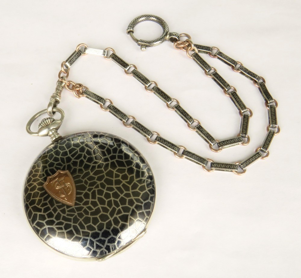 Antique niello ware Favor full hunter pocket watch and chain