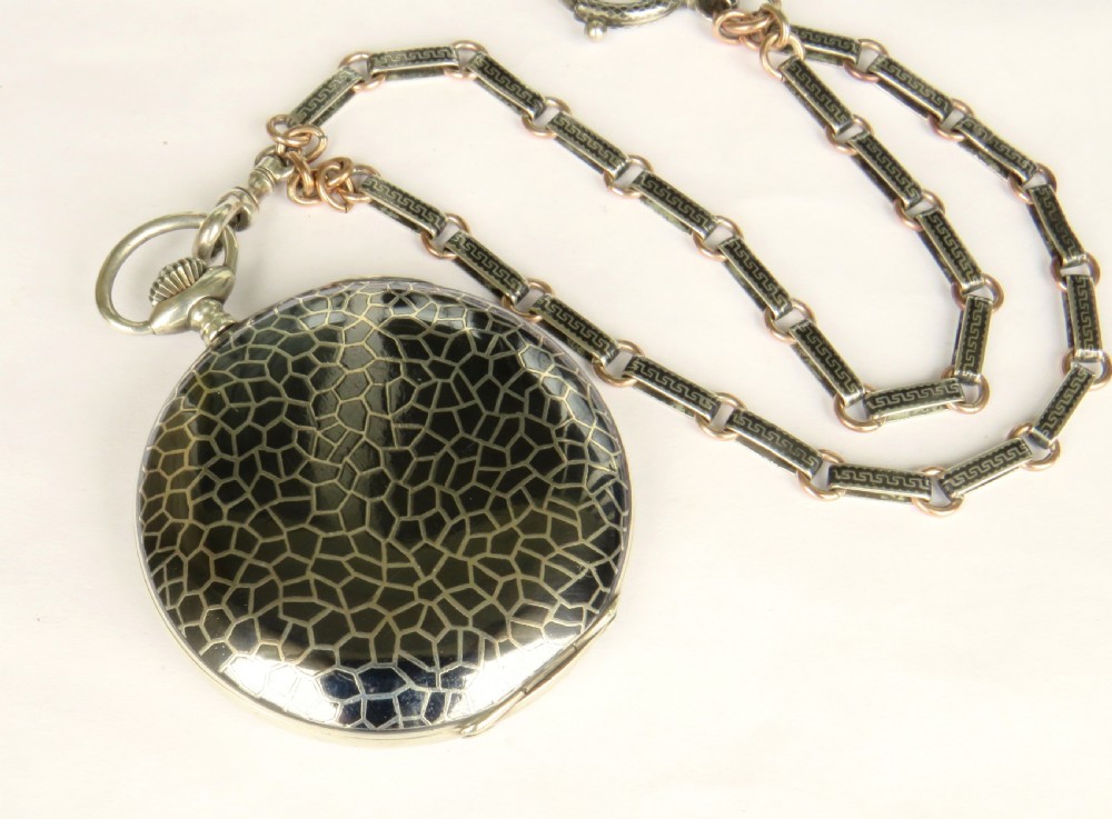 Antique niello ware Favor full hunter pocket watch and chain View V