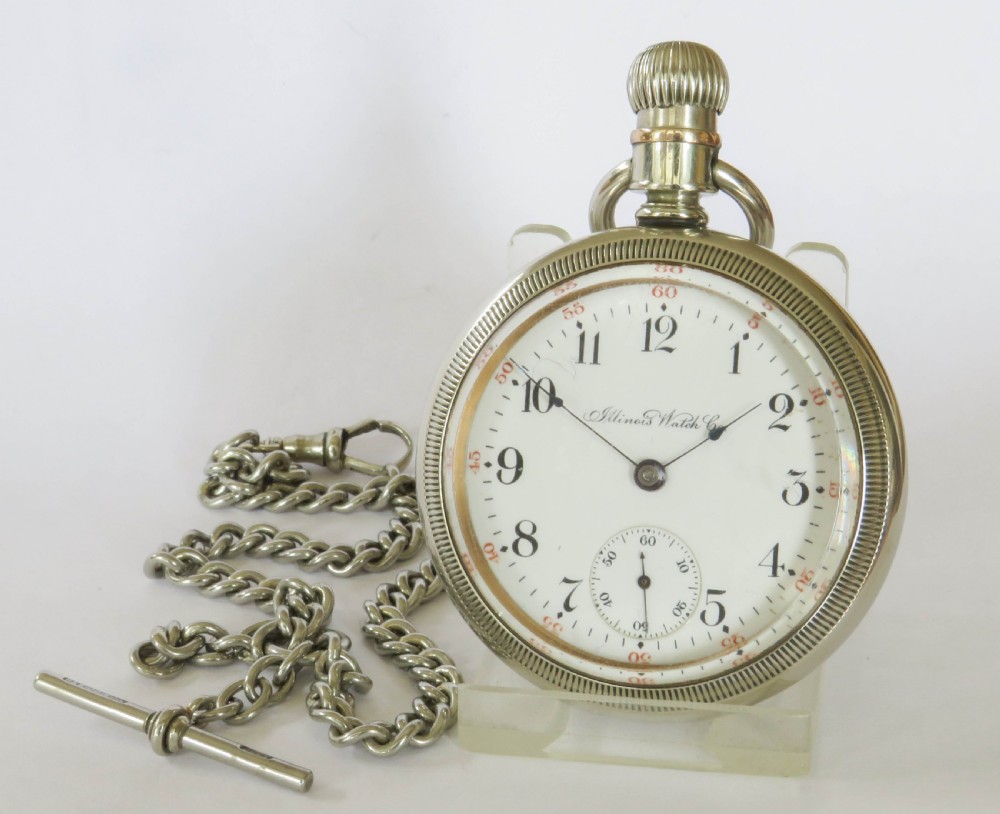 Large antique Illinois pocket watch and chain