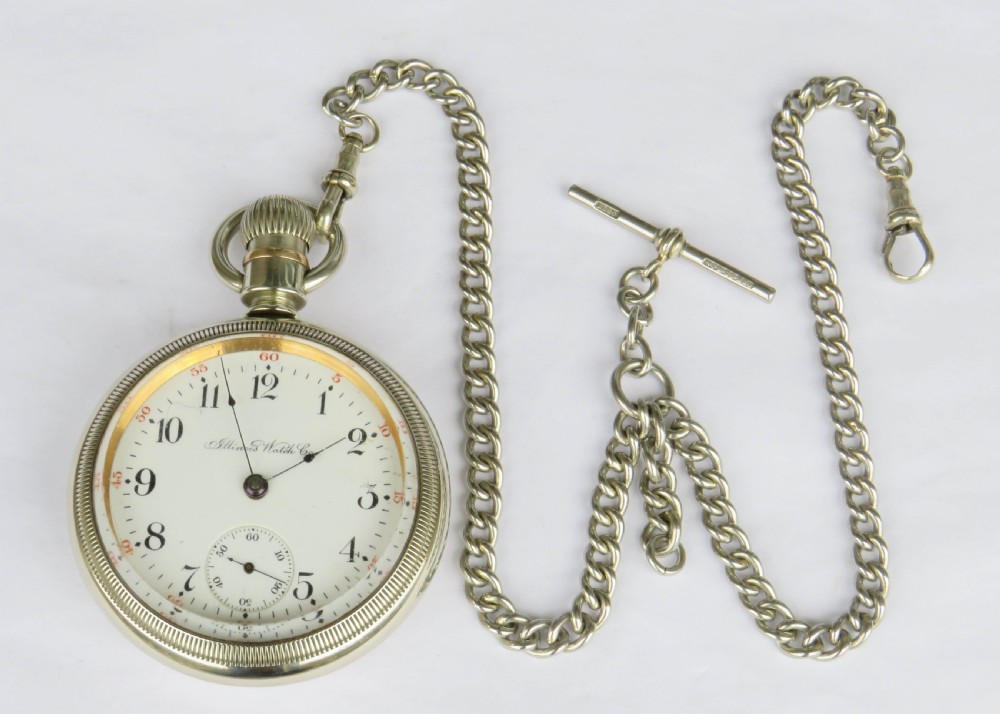 Large antique Illinois pocket watch and chain View II