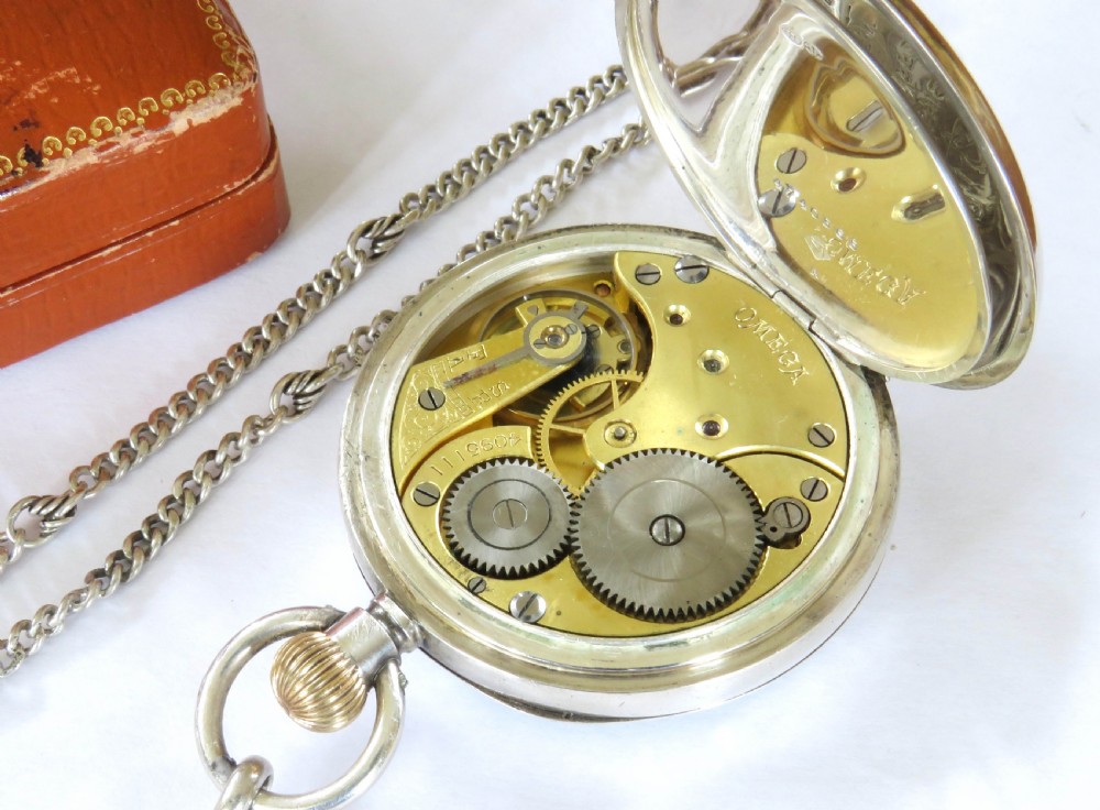 Antique silver Omega pocket watch and chain View IV