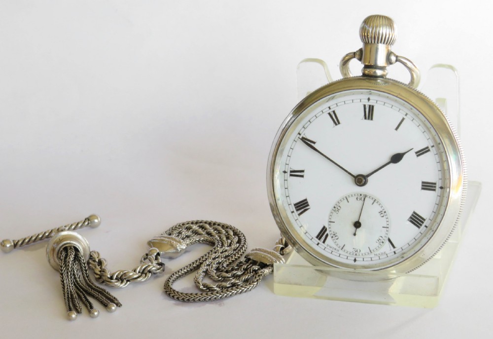 Antique silver Buren Grand Prix pocket watch & chain View II