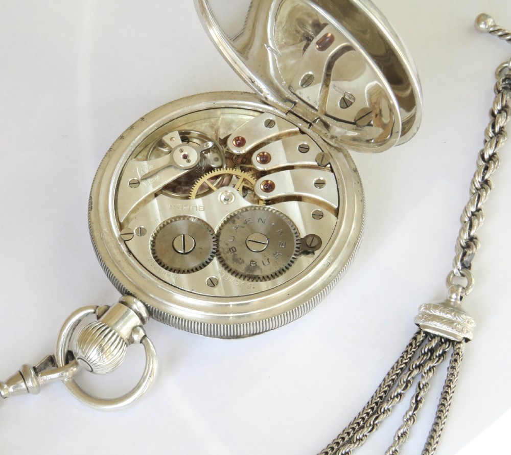 Antique silver Buren Grand Prix pocket watch & chain View IV