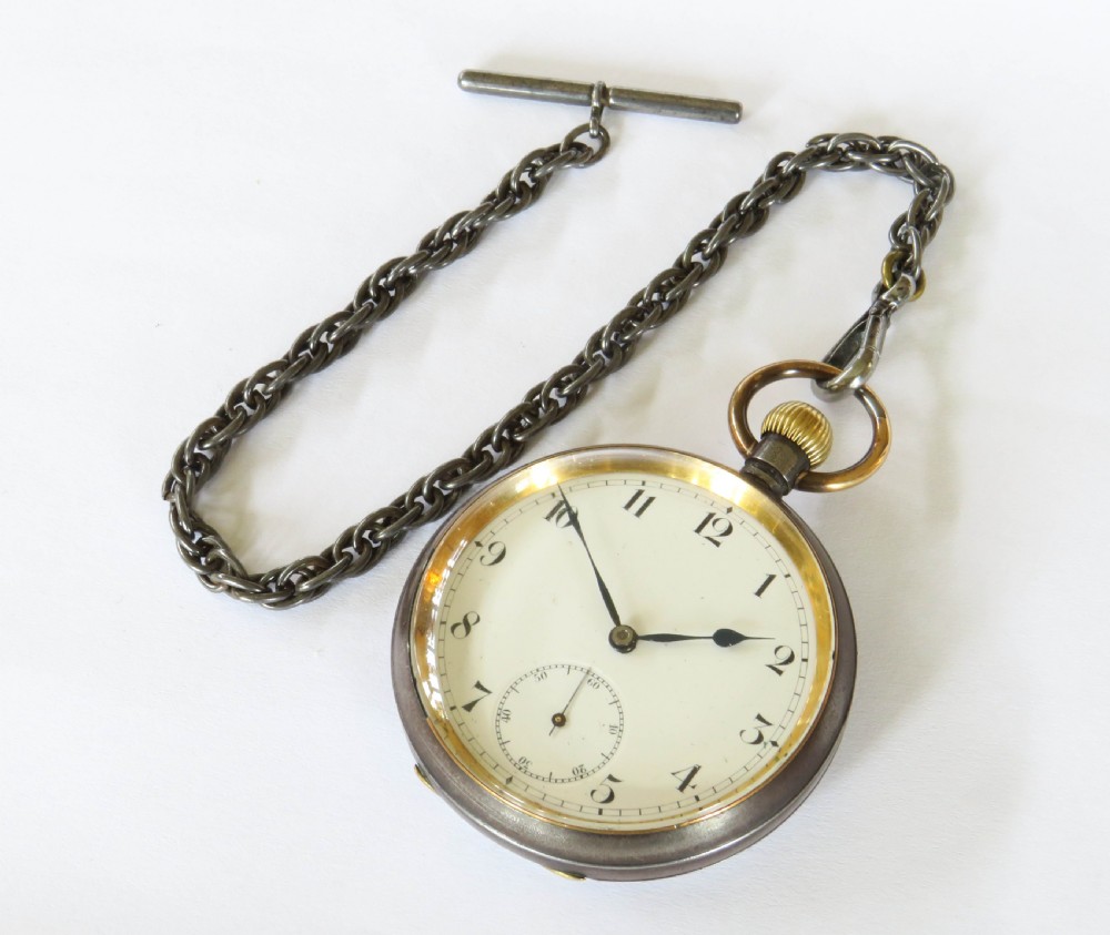 Antique Omega gun metal pocket watch and chain View II