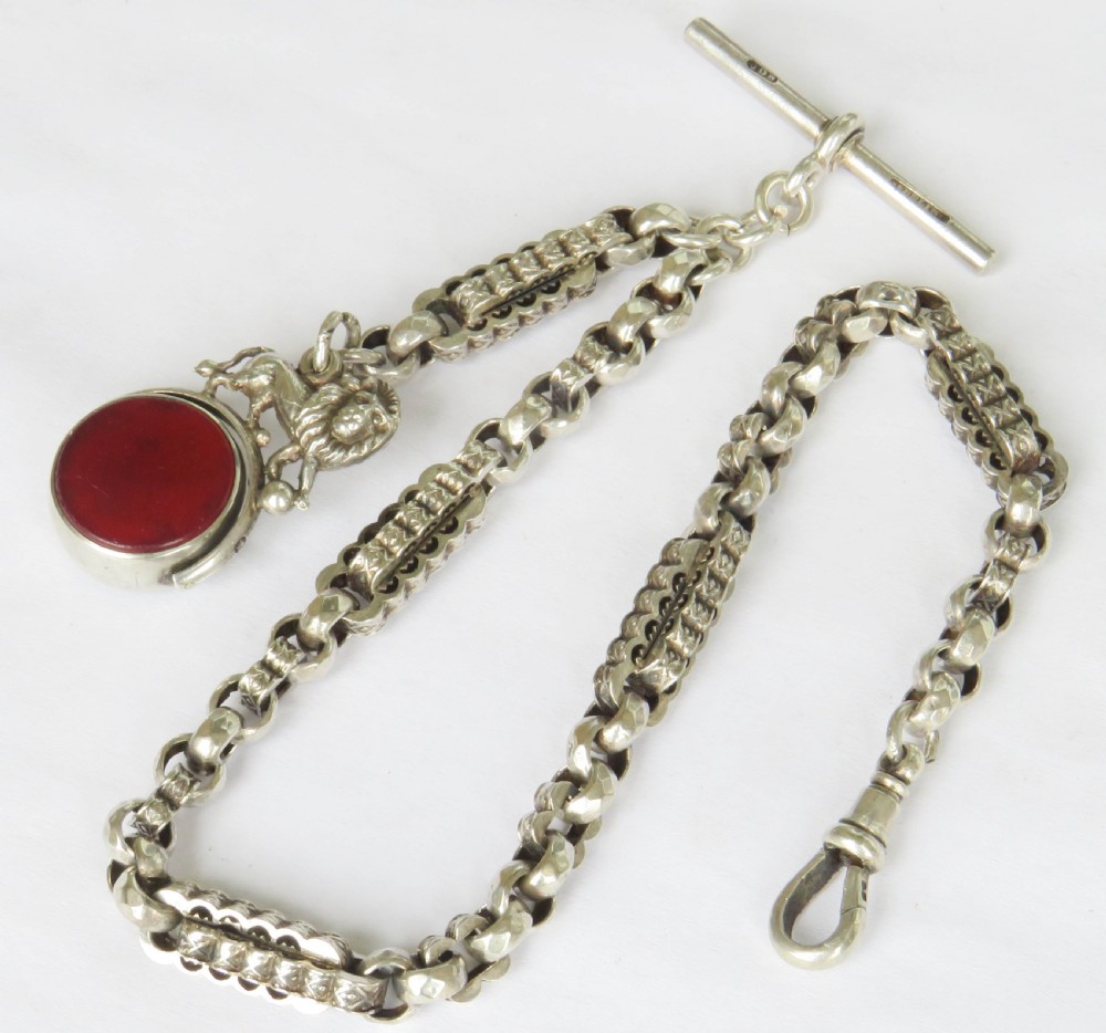 Victorian silver watch chain and lion swivel fob View II