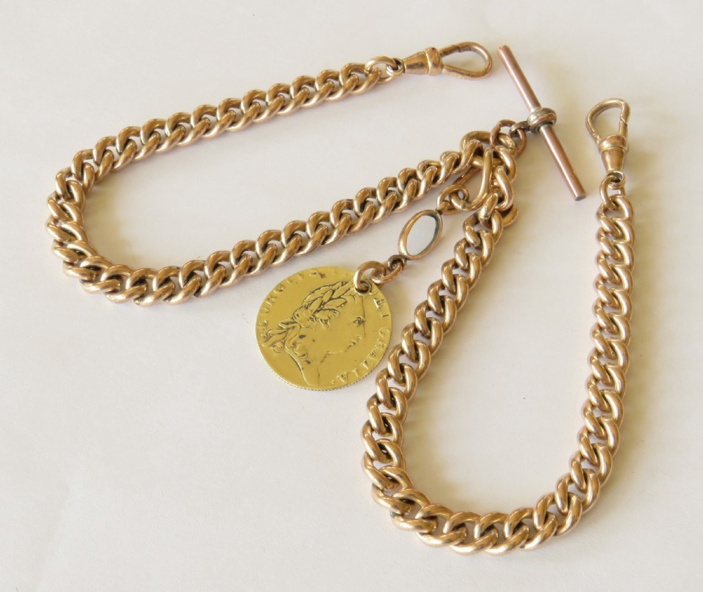 Antique rolled rose gold double watch chain and fob