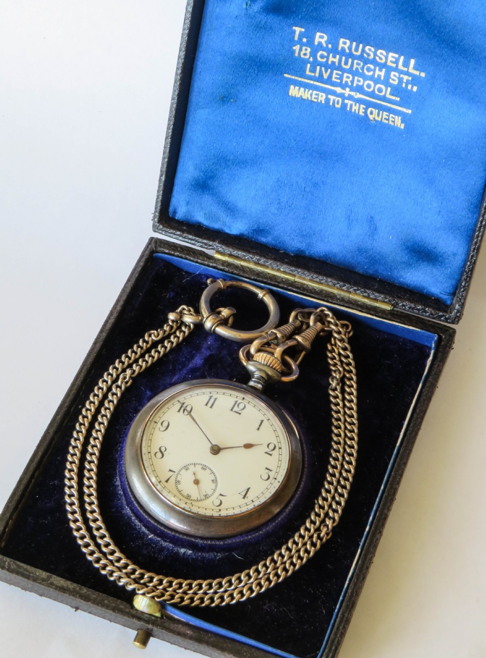 Antique Omega gun metal pocket watch and chain