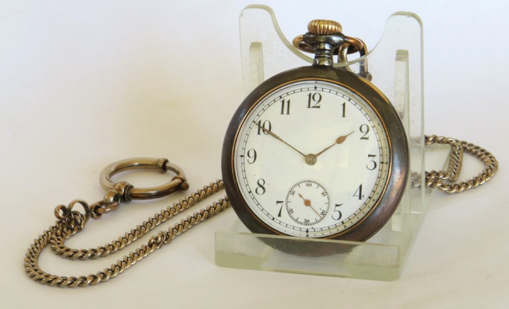 Antique Omega gun metal pocket watch and chain View II