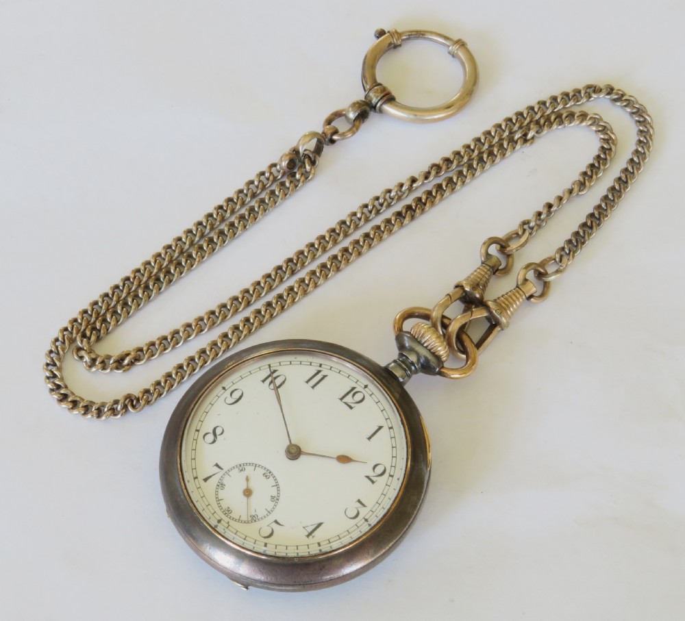 Antique Omega gun metal pocket watch and chain View III