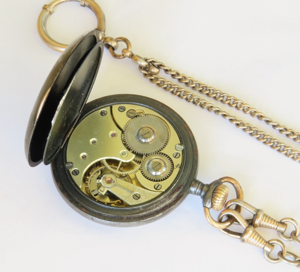 Antique Omega gun metal pocket watch and chain View IV