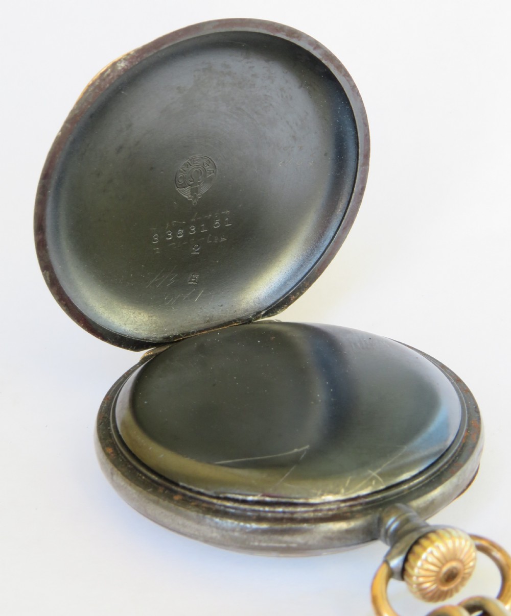 Antique Omega gun metal pocket watch and chain View V