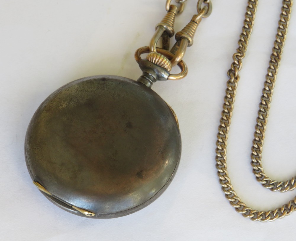 Antique Omega gun metal pocket watch and chain View VI