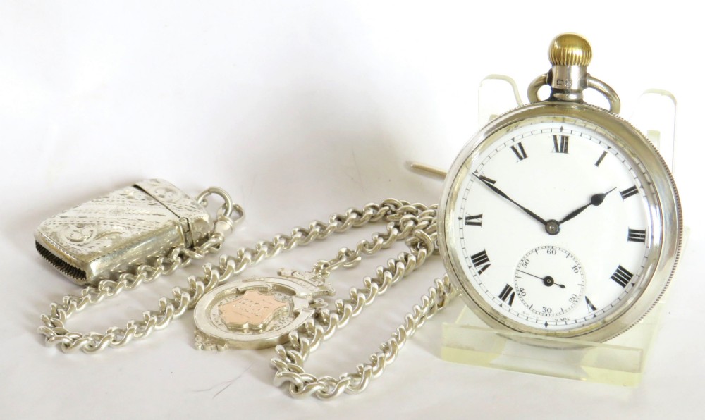 Silver Cyma pocket watch, chain and vesta