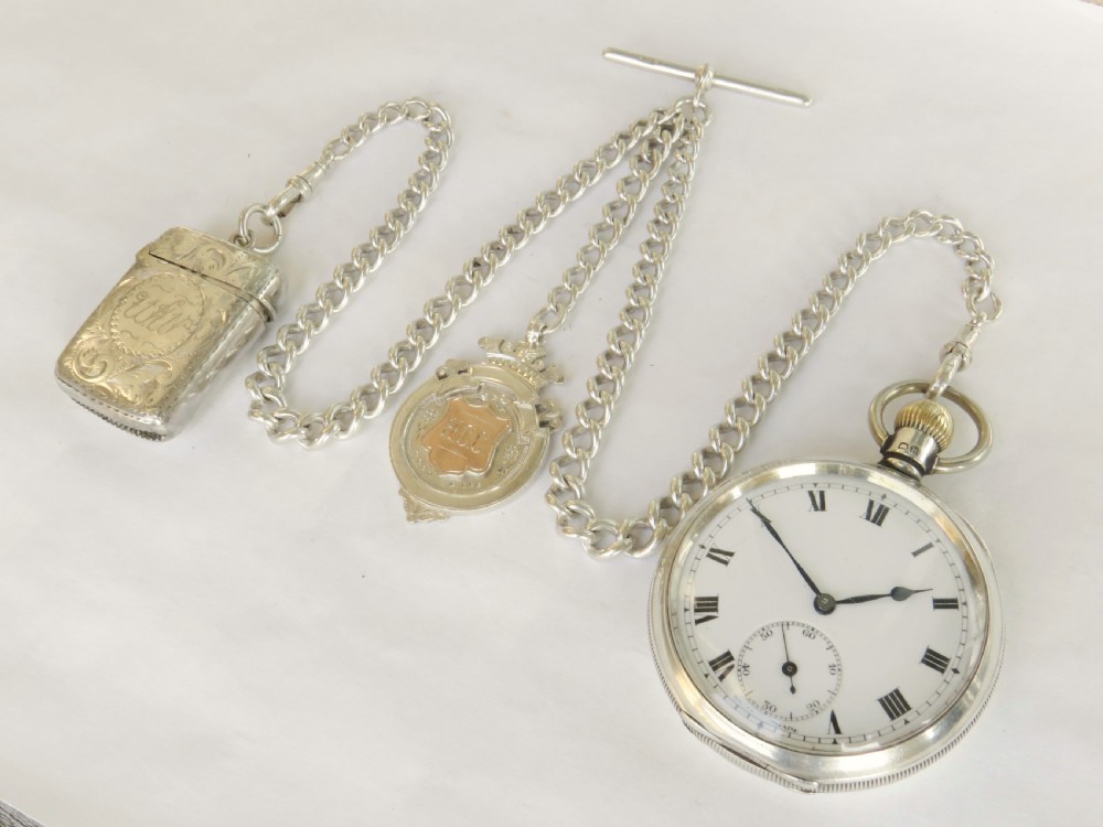 Silver Cyma pocket watch, chain and vesta View II