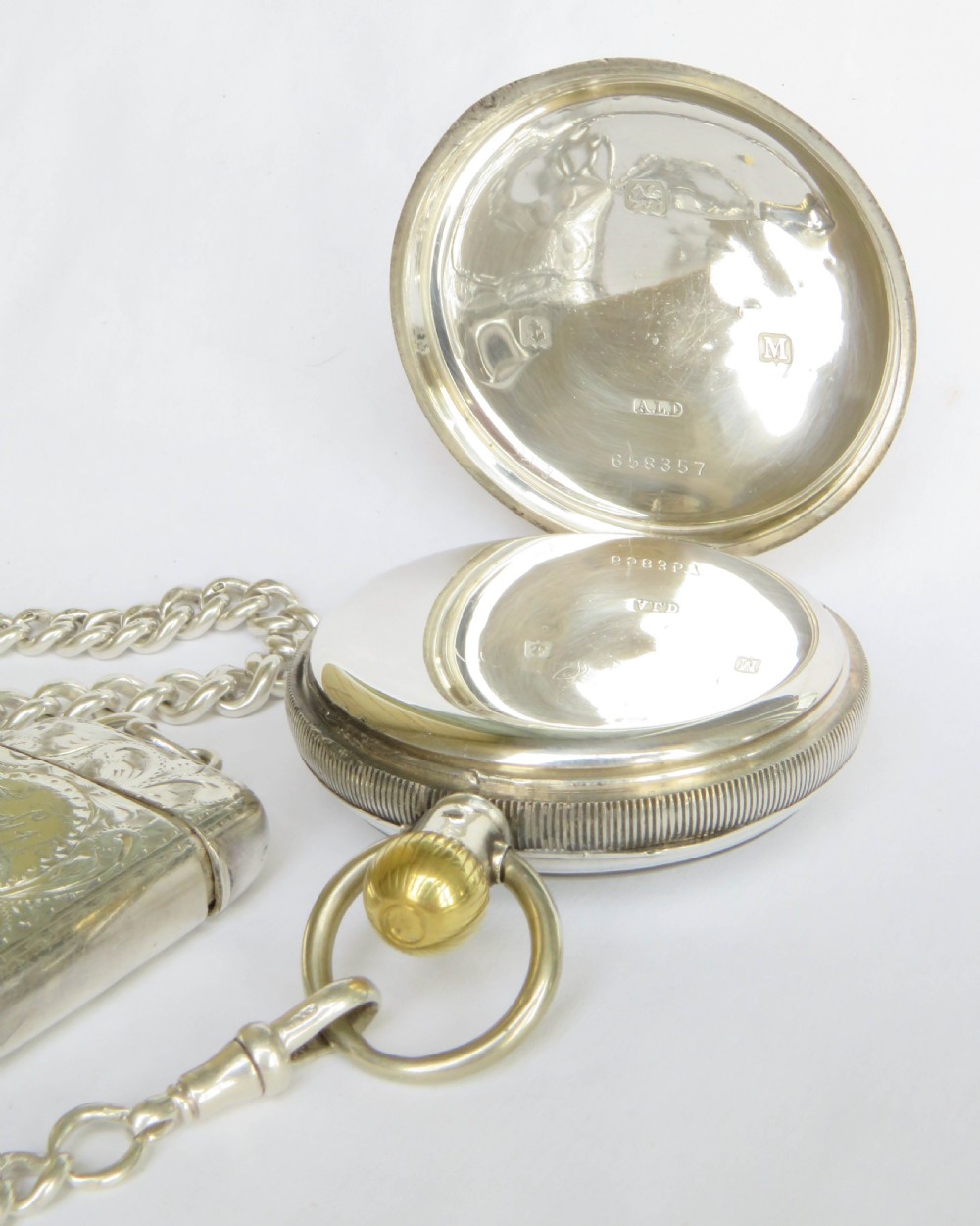 Silver Cyma pocket watch, chain and vesta View III