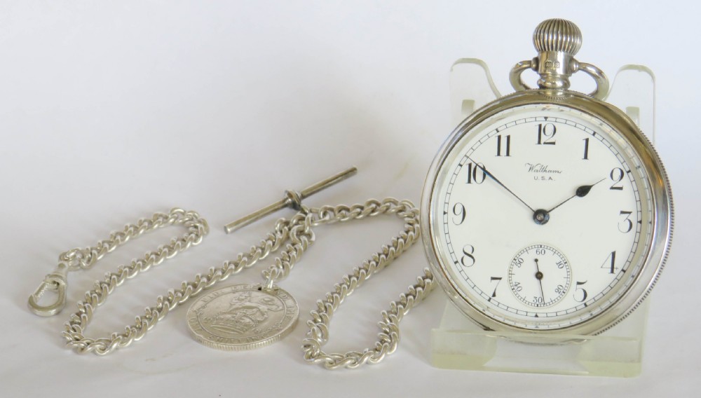 Antique silver Waltham Traveler pocket watch with chain