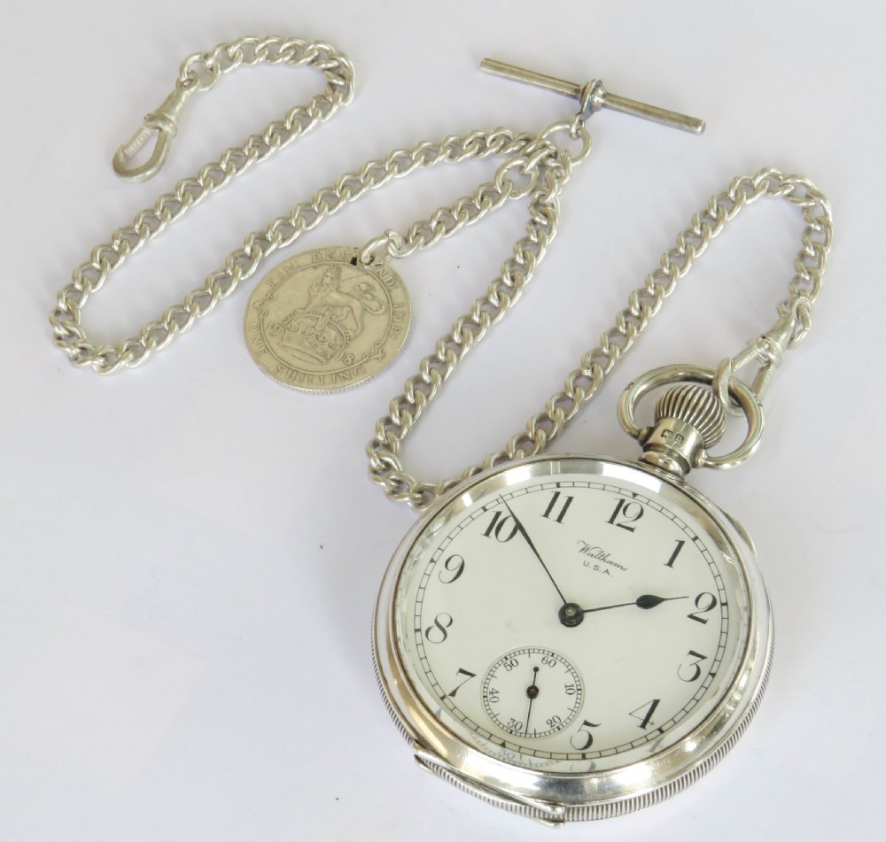 Antique silver Waltham Traveler pocket watch with chain View II